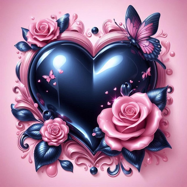 a heart with roses and butterflies in pink and pink