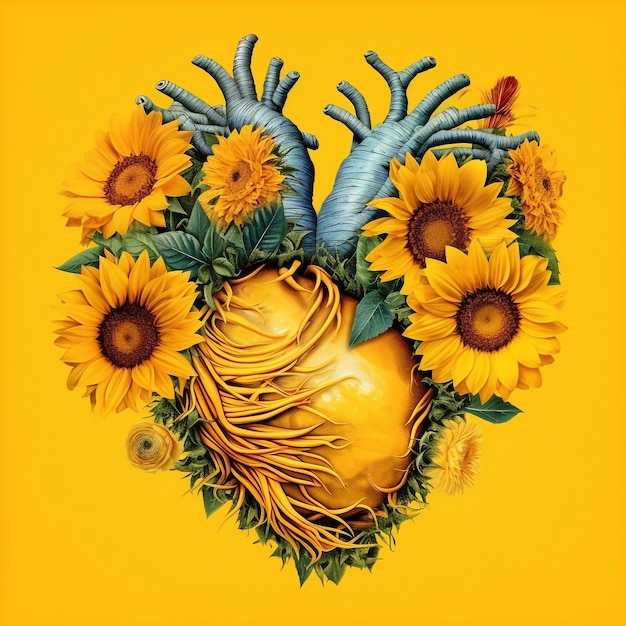 A heart with sunflowers and a human heart on it