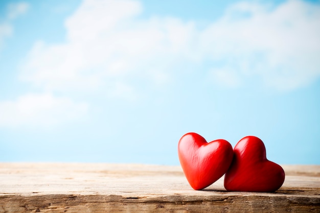 Heart on a wooden board. Valentine's Day greeting card.