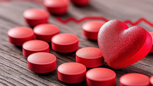 Heartbeat of Love Red Pills and a Heart Shape on Wooden Surface