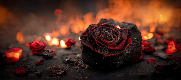 Heartbroken concept by half burnt rose and ashes Digital art 3D illustration