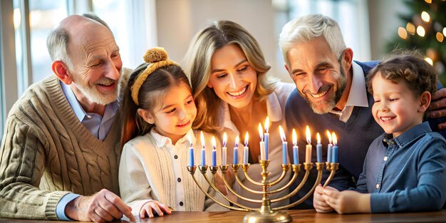 Heartfelt Family Prayer Around Menorah Candid Hanukkah Moment Capturing Unity and Spiritual Signifi