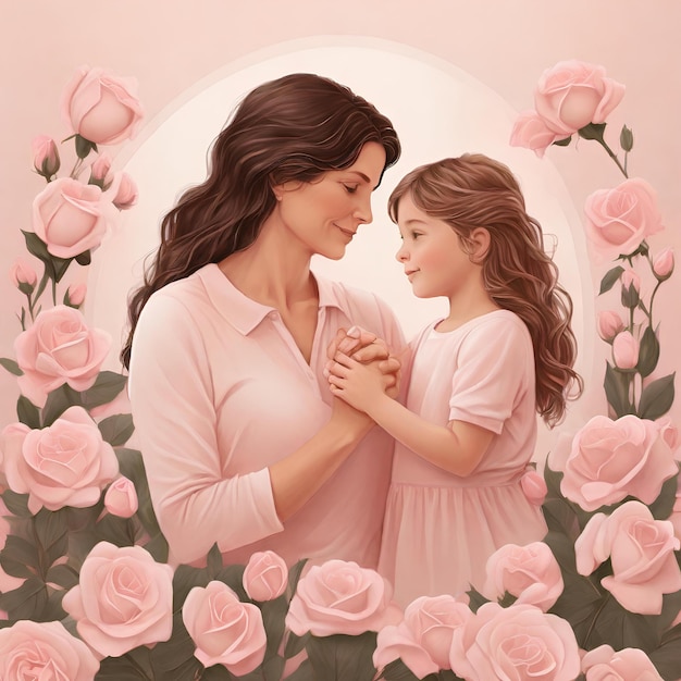 A heartfelt Mothers Day poster depicts a mother and daughter holding hands surrounded by soft pink