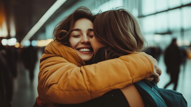 Photo heartfelt reunion between friends at the airport during a joyful arrival