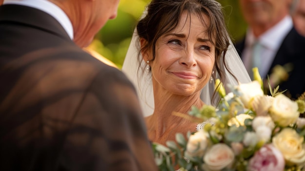 Photo a heartfelt scene as a bride shares a tearful embrace with an older family member evoking the sentimental wedding style and the strong emotions of family bonds