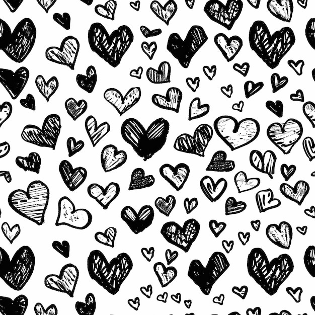 hearts are drawn with black and white ink on a white background