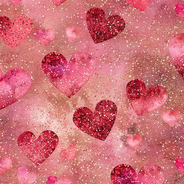 Photo hearts are scattered on a pink background with glitter generative ai