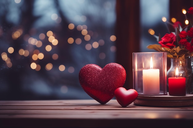 Hearts candles vase with bouquet of red roses on blurred evening window background with bokeh and