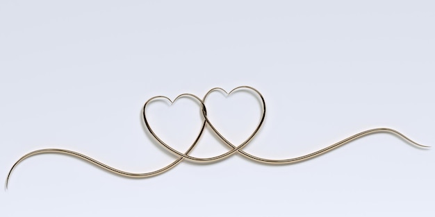 Hearts Continuous line art drawing Gold and white 3d illustration