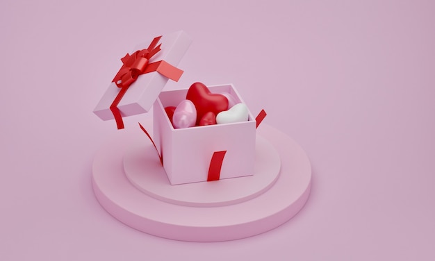 Hearts in gift box on presentation podium with pink color background. Ide for Mother's, Valentine's Day, Birthday, 3d rendering.