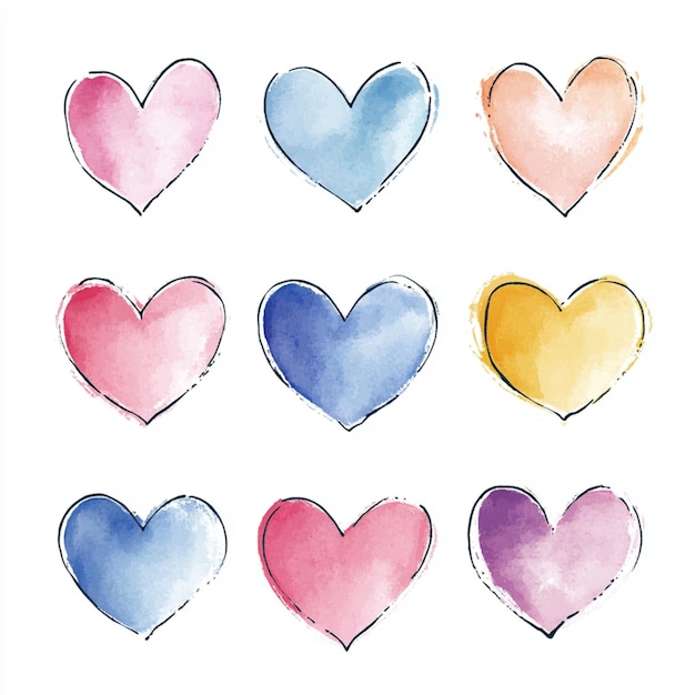 Hearts pattern in watercolor painting with pastel colors on a white background