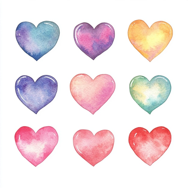 Hearts pattern in watercolor painting with pastel colors on a white background