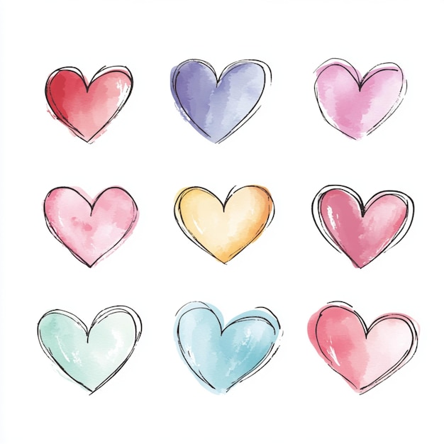 Hearts pattern in watercolor painting with pastel colors on a white background