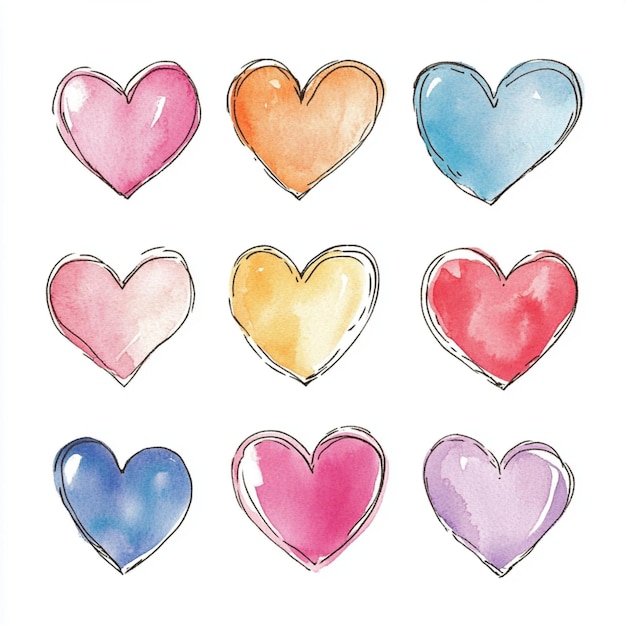 Hearts pattern in watercolor painting with pastel colors on a white background