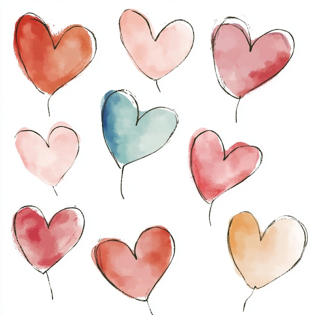 Photo hearts pattern in watercolor painting with pastel colors on a white background