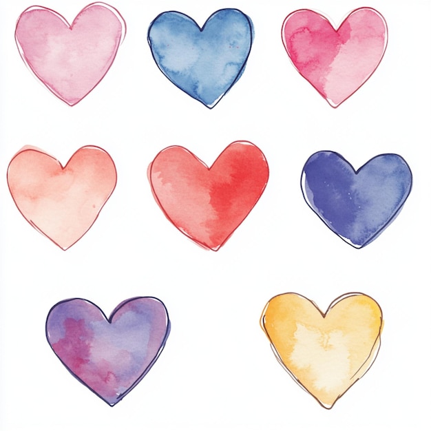 Hearts pattern in watercolor painting with pastel colors on a white background