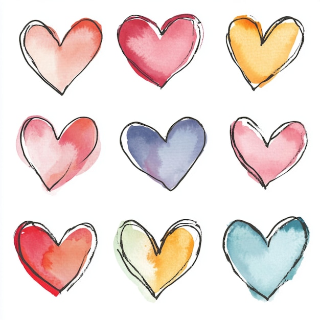 Hearts pattern in watercolor painting with pastel colors on a white background