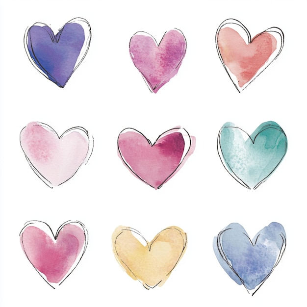 Hearts pattern in watercolor painting with pastel colors on a white background