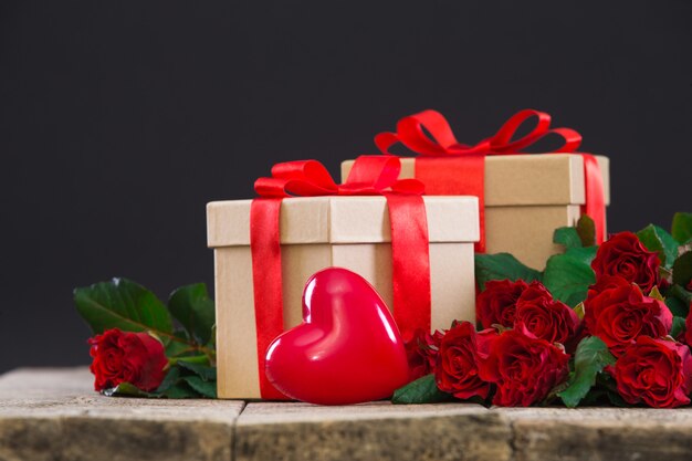 Hearts, presents and a bouquet of red roses