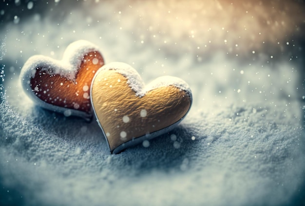 Hearts in warm winter snow valentine romantic date creative digital illustration painting