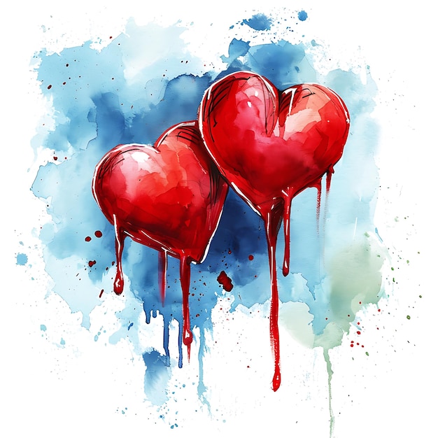 Hearts with red liquid dripping on watercolor background