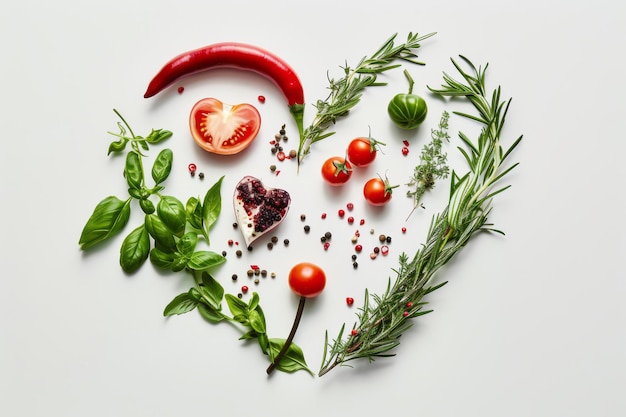 Photo heartshaped arrangement of fresh herbs and vegetables