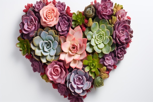 A heartshaped arrangement of succulents in various shades and textures