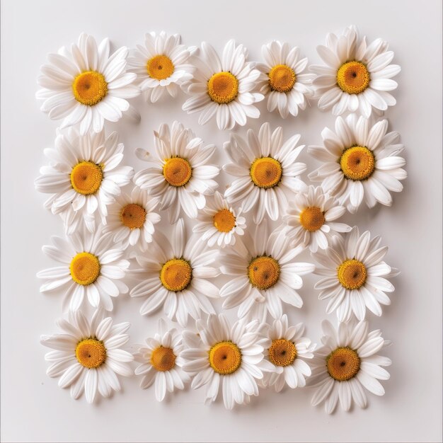 A heartshaped arrangement of white daisies with yellow centers on a light background