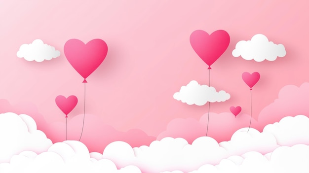 Heartshaped balloons floating in pink sky with clouds