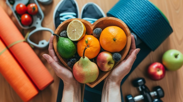 Photo heartshaped bowl of healthy fruits