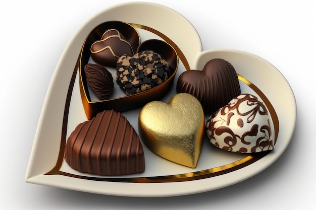 Heartshaped box of assorted truffles or chocolates on a white plate created with generative ai