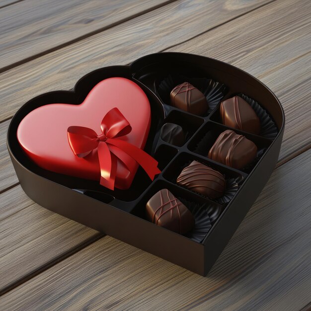 Photo heartshaped box filled with chocolates and a red heart on a wooden table