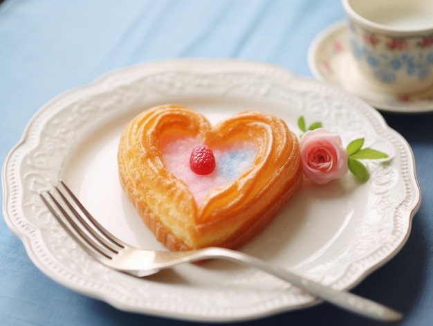 Heartshaped cake on a plate with a fork on a wooden background