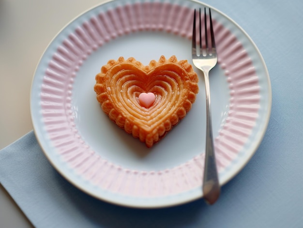 Heartshaped cake on a plate with a fork on a wooden background