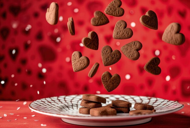 Heartshaped chocolate cookies are poured onto a plate