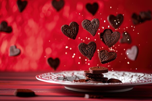 Heartshaped chocolate cookies are poured onto a plate