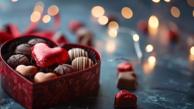 Photo heartshaped chocolates in a heart box with bokeh lights