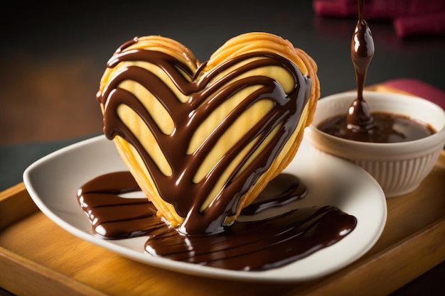 Heartshaped churros with chocolate sauce drizzled over them created with generative ai