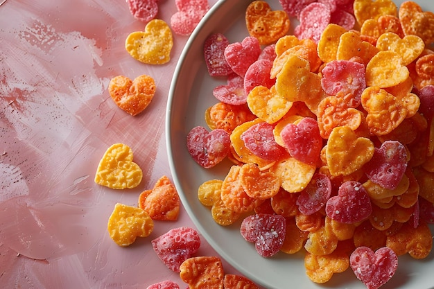 HeartShaped Colorful Valentine Snacks on Rustic Pink Background Perfect for Cards Posters and Print Designs