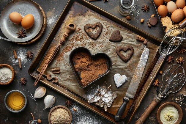 Photo heartshaped cookie cutter on baking sheet surrounded by ingredients and utensils for valentines day baking