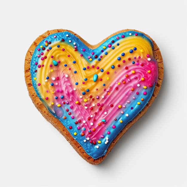 Heartshaped cookie with rainbow frosting and sprinkles