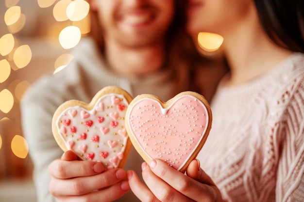 HeartShaped Cookies A Symbol of Love and Sweetness A couple holds heartshaped cookies beautifully decorated with icing and sprinkles symbolizing shared affection and sweet moments together