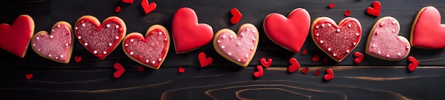 Heartshaped cookies for Valentine's Day adorned with red icing