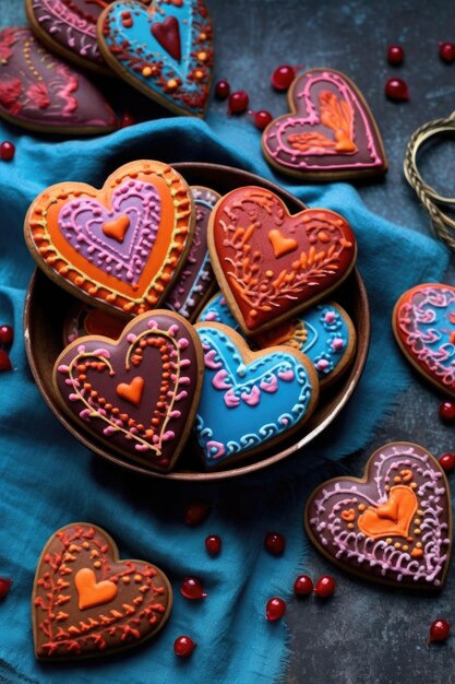 Heartshaped cookies with icing decoration created with generative ai