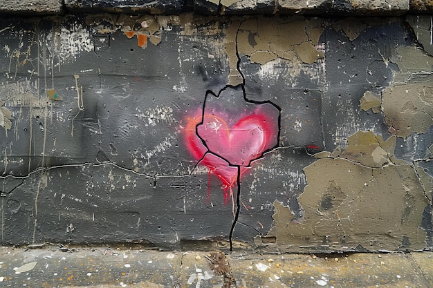 A heartshaped crack in the concrete wall symbolizes unfulfillment and a pink heart is drawn on it