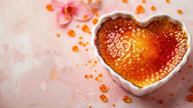 A heartshaped creme brulee dessert on a pink background with delicate pink flowers