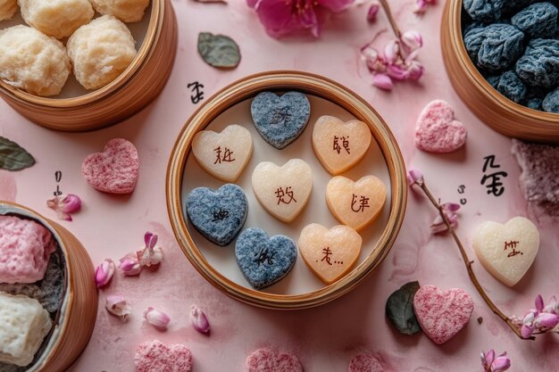 Photo heartshaped delights chinese treats and delicate flowers