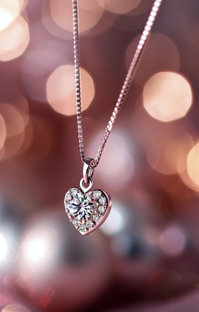 Photo heartshaped diamond pendant hanging against a blurred background of sparkling lights