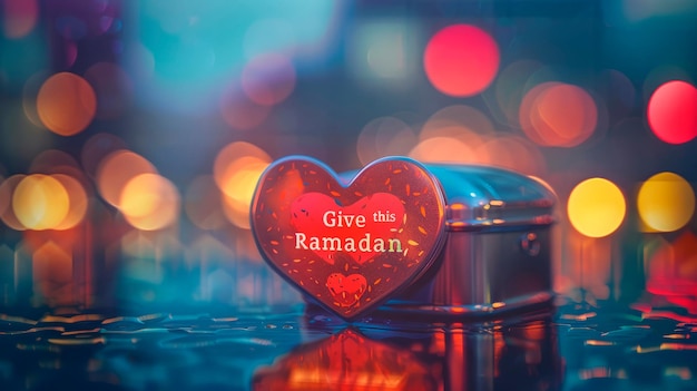 heartshaped donation box with the words Give Love this Ramadan promoting compassion and empathy towards others Generative AI