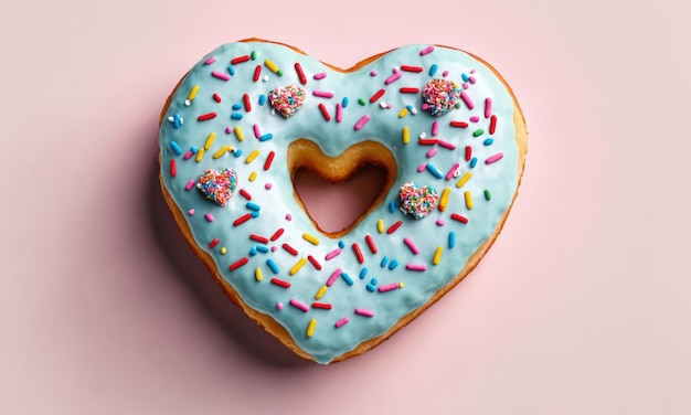 Heartshaped donut with blue frosting and colorful sprinkles on pink background